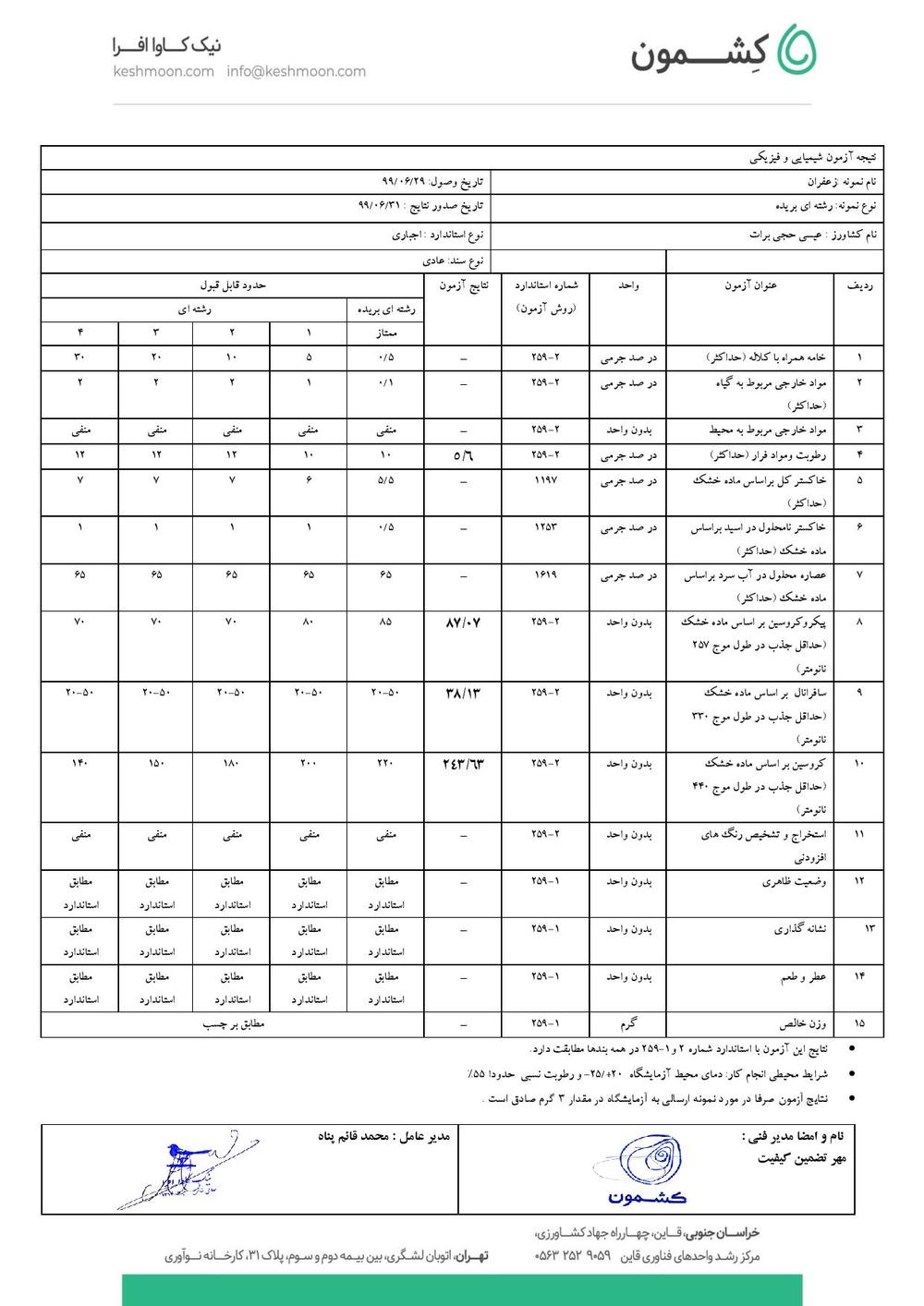 نتیجه آزمایش زعفران سرگل ممتاز