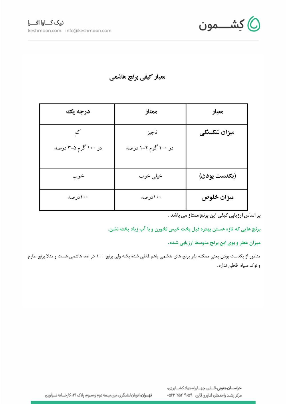 نتیجه آزمایش برنج هاشمی بسته بندی اقتصادی