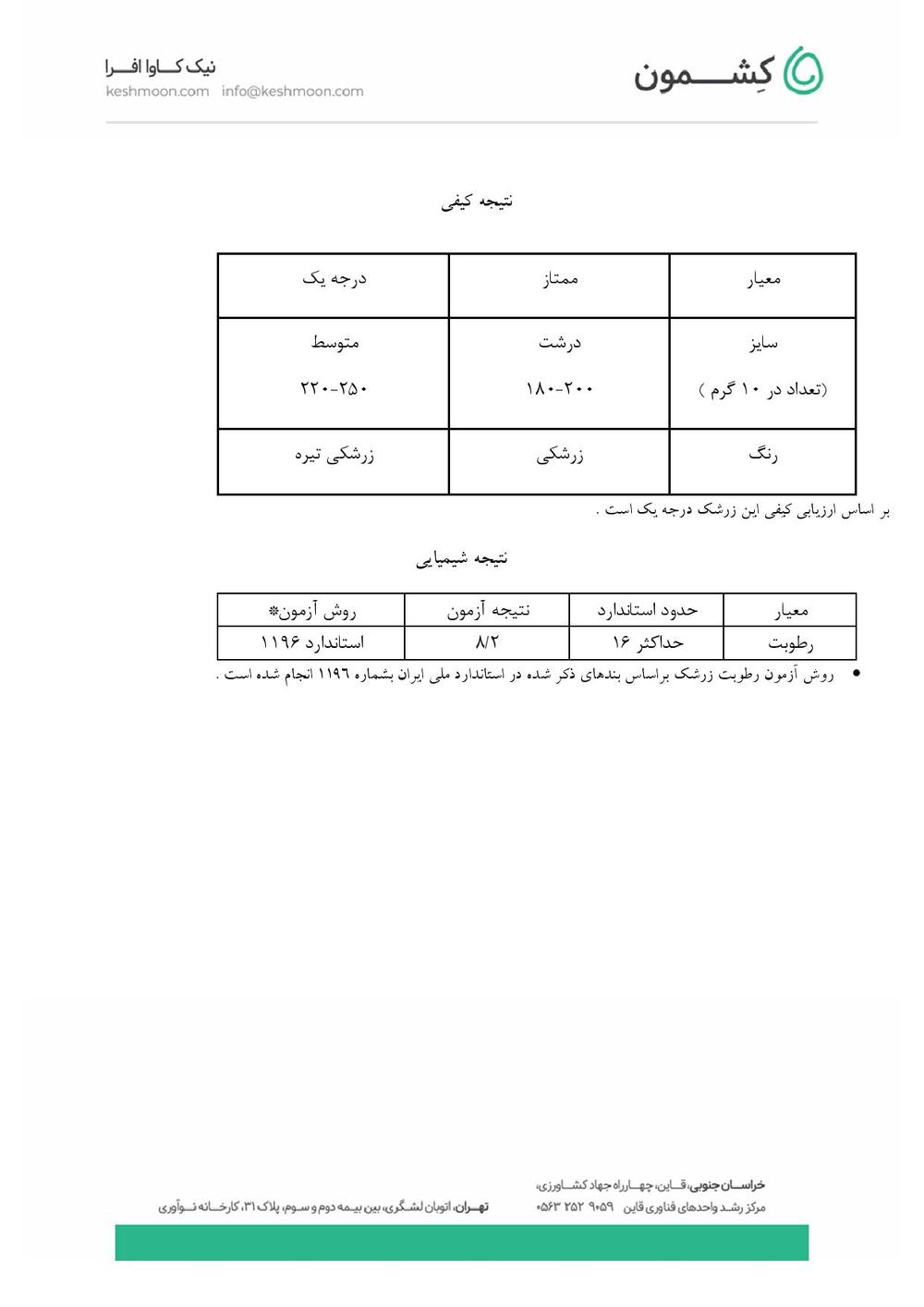 نتیجه آزمایش زرشک پفکی بسته‌بندی اقتصادی