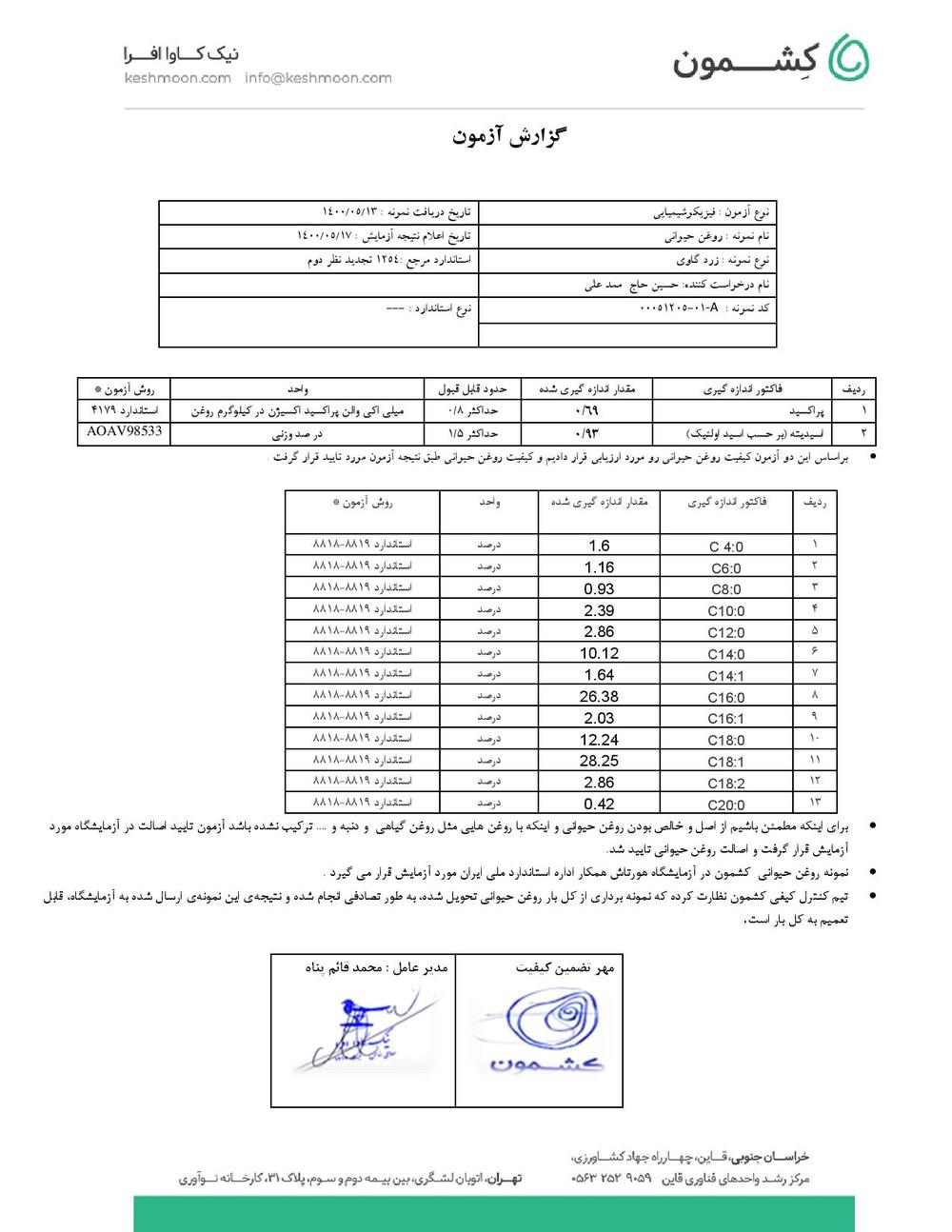 نتیجه آزمایش روغن زرد گاوی