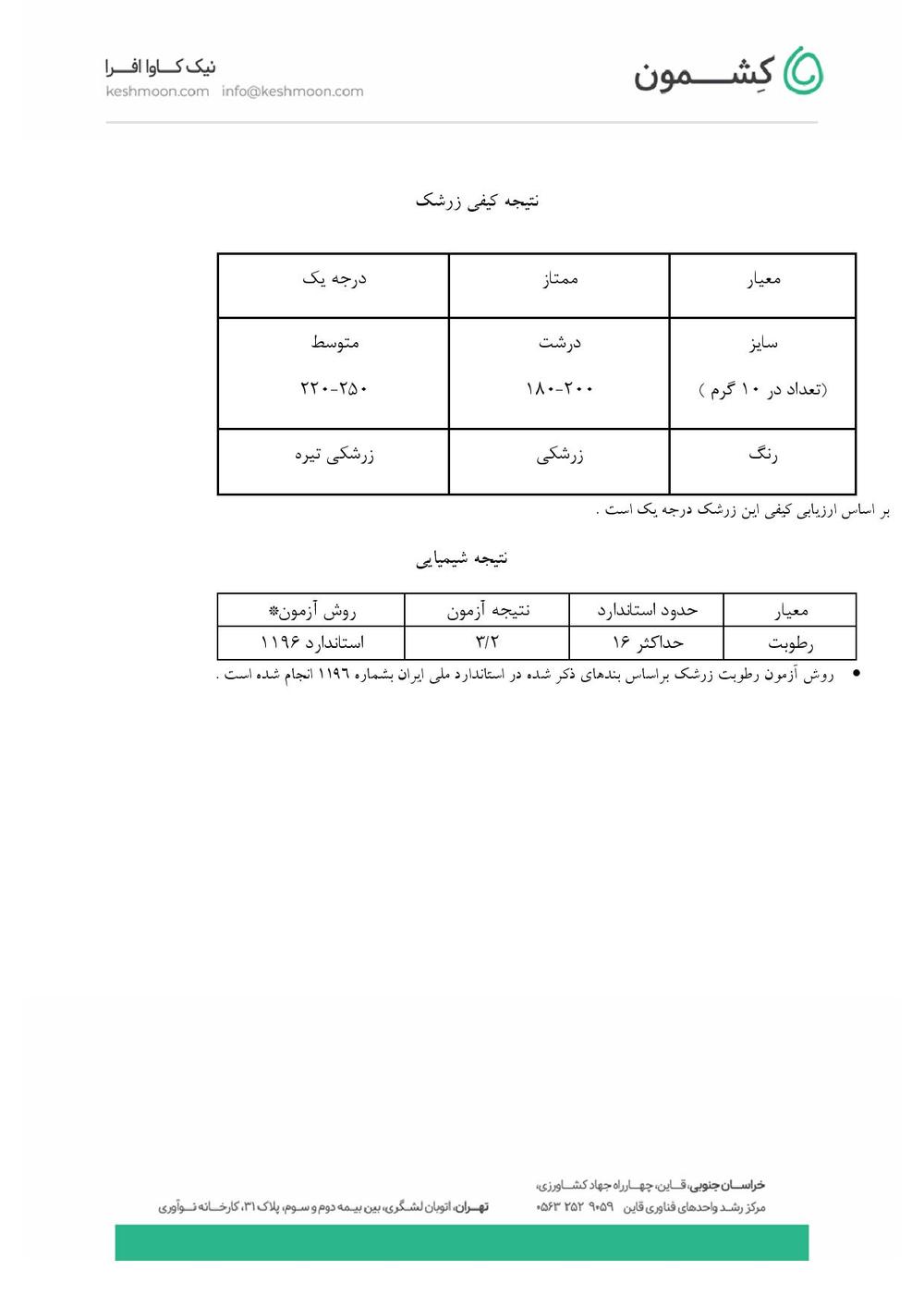 نتیجه آزمایش زرشک پفکی بسته‌بندی اقتصادی