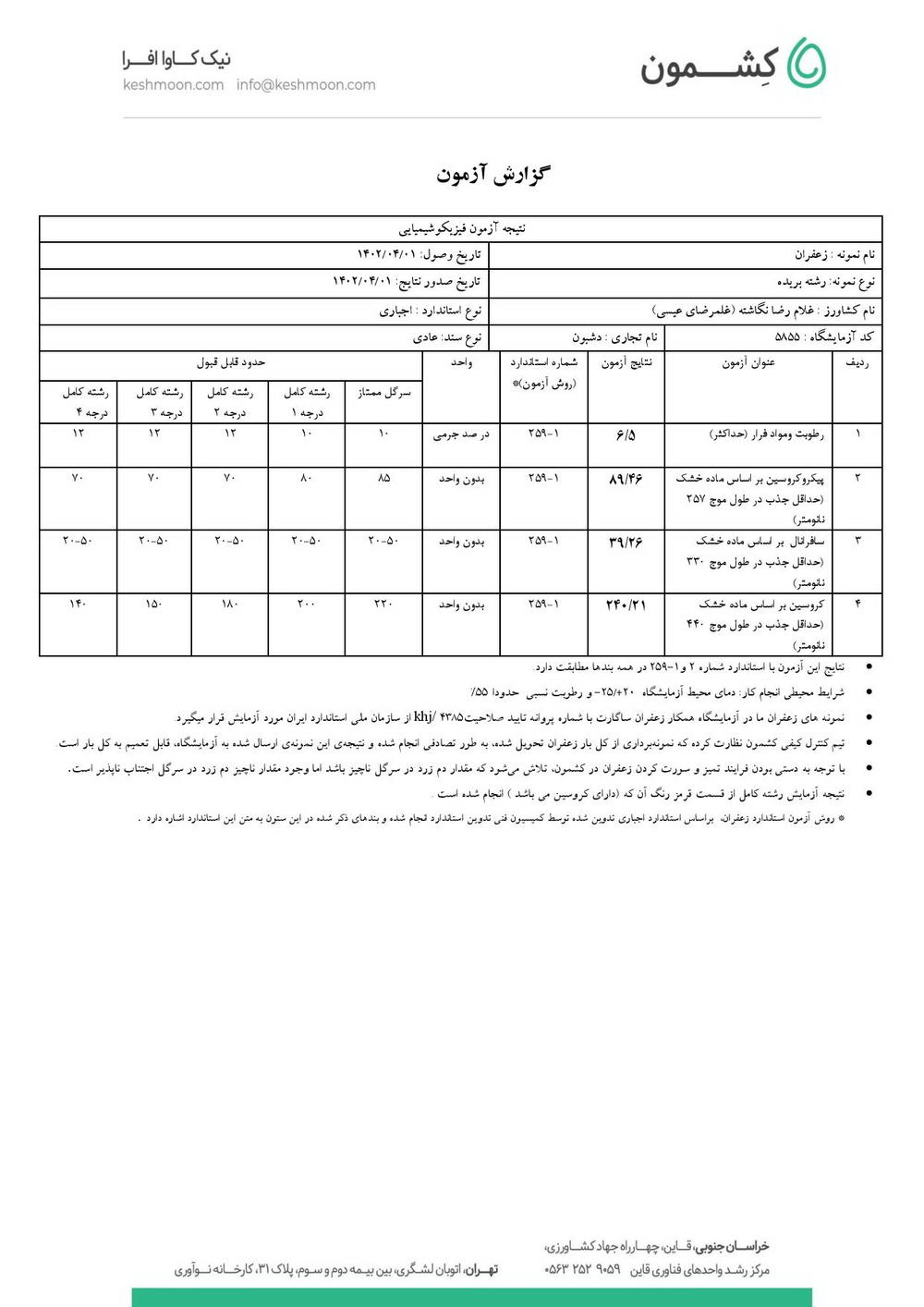 نتیجه آزمایش زعفران نگین