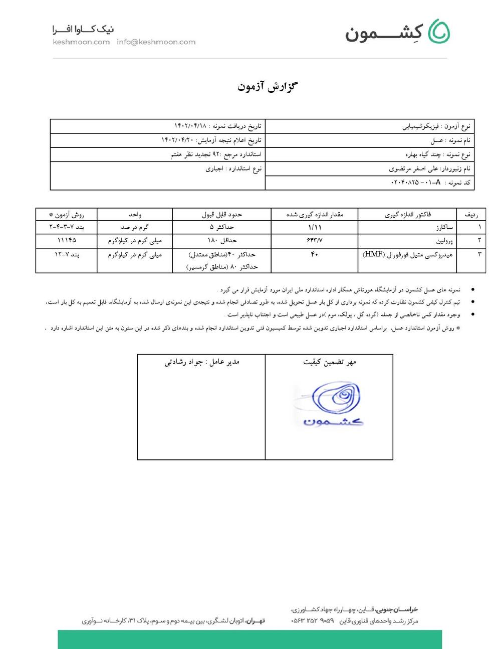 نتیجه آزمایش عسل چند گیاه بهاره