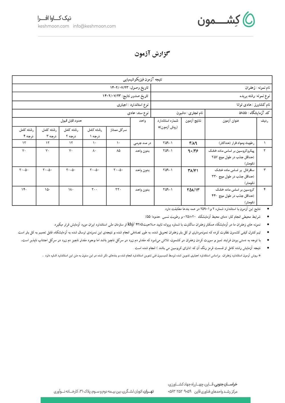 نتیجه آزمایش زعفران سوپر نگین