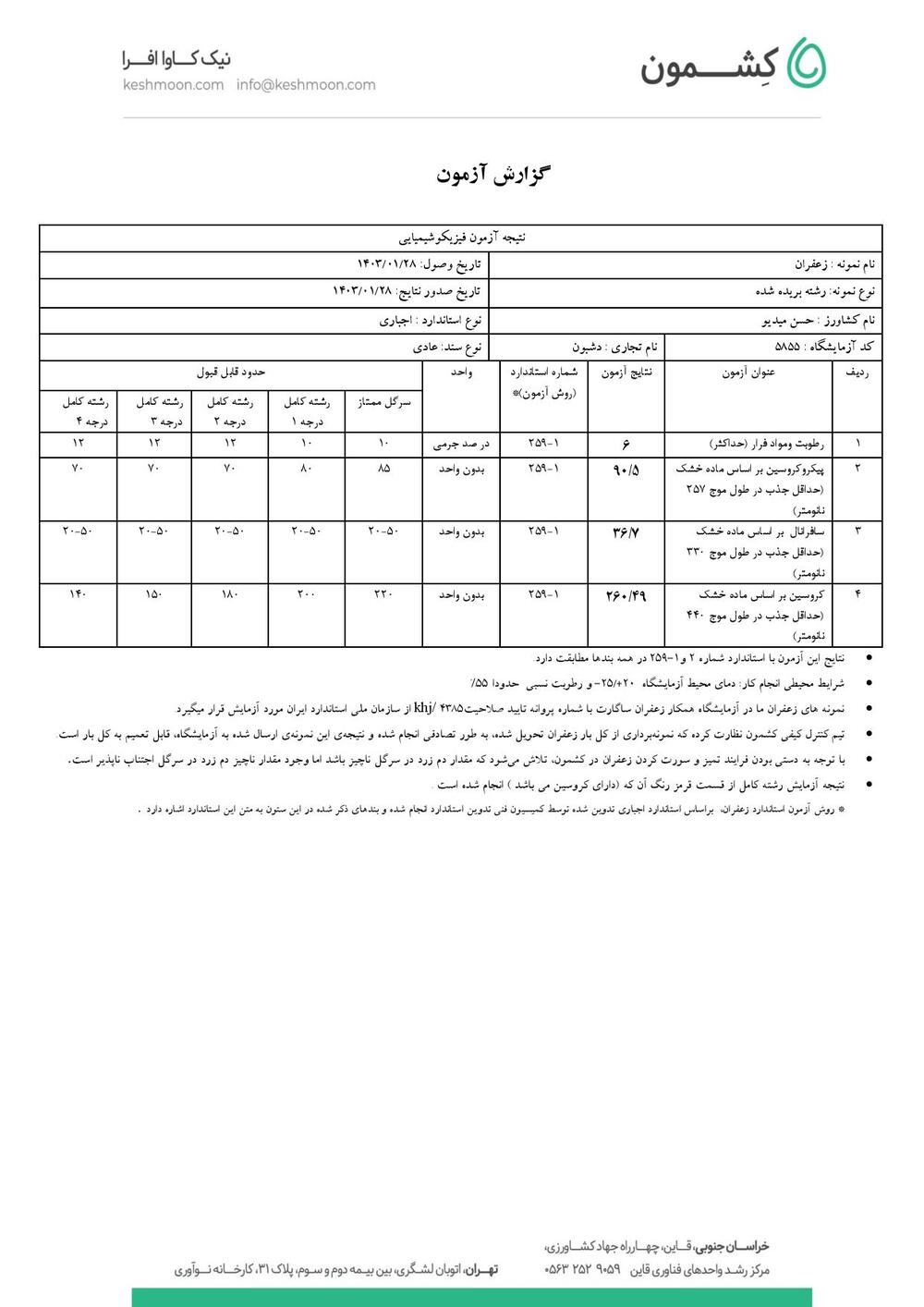 نتیجه آزمایش زعفران سوپر نگین