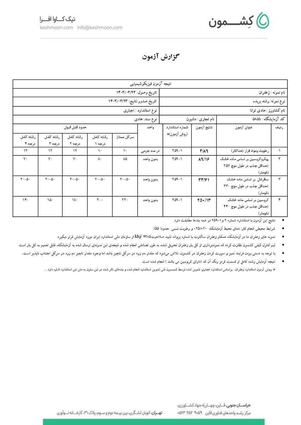 نتیجه آزمایش زعفران سوپر نگین