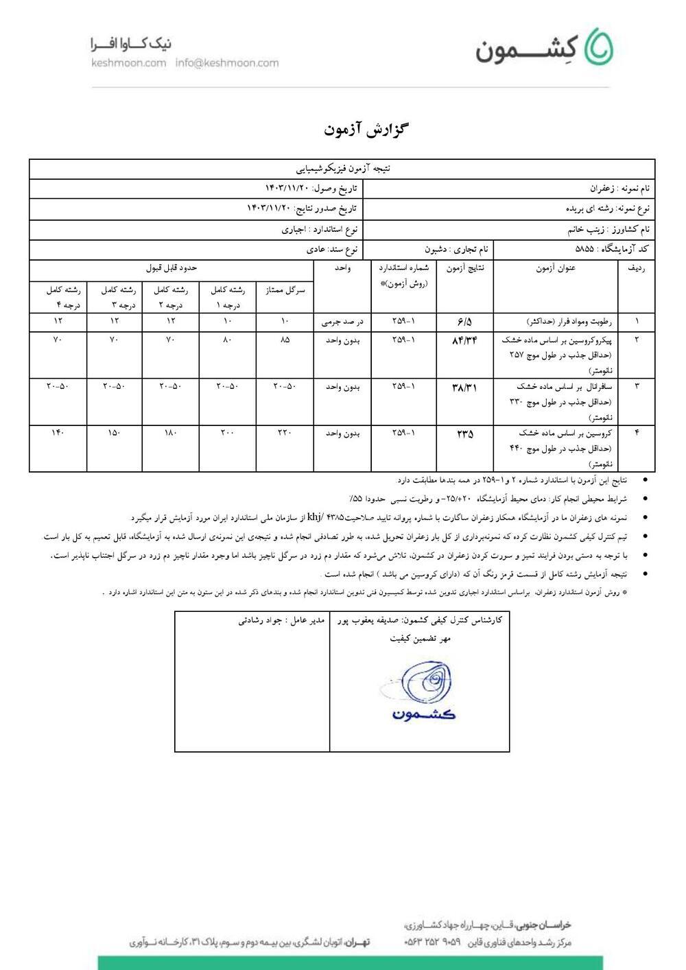 نتیجه آزمایش زعفران سرگل ممتاز