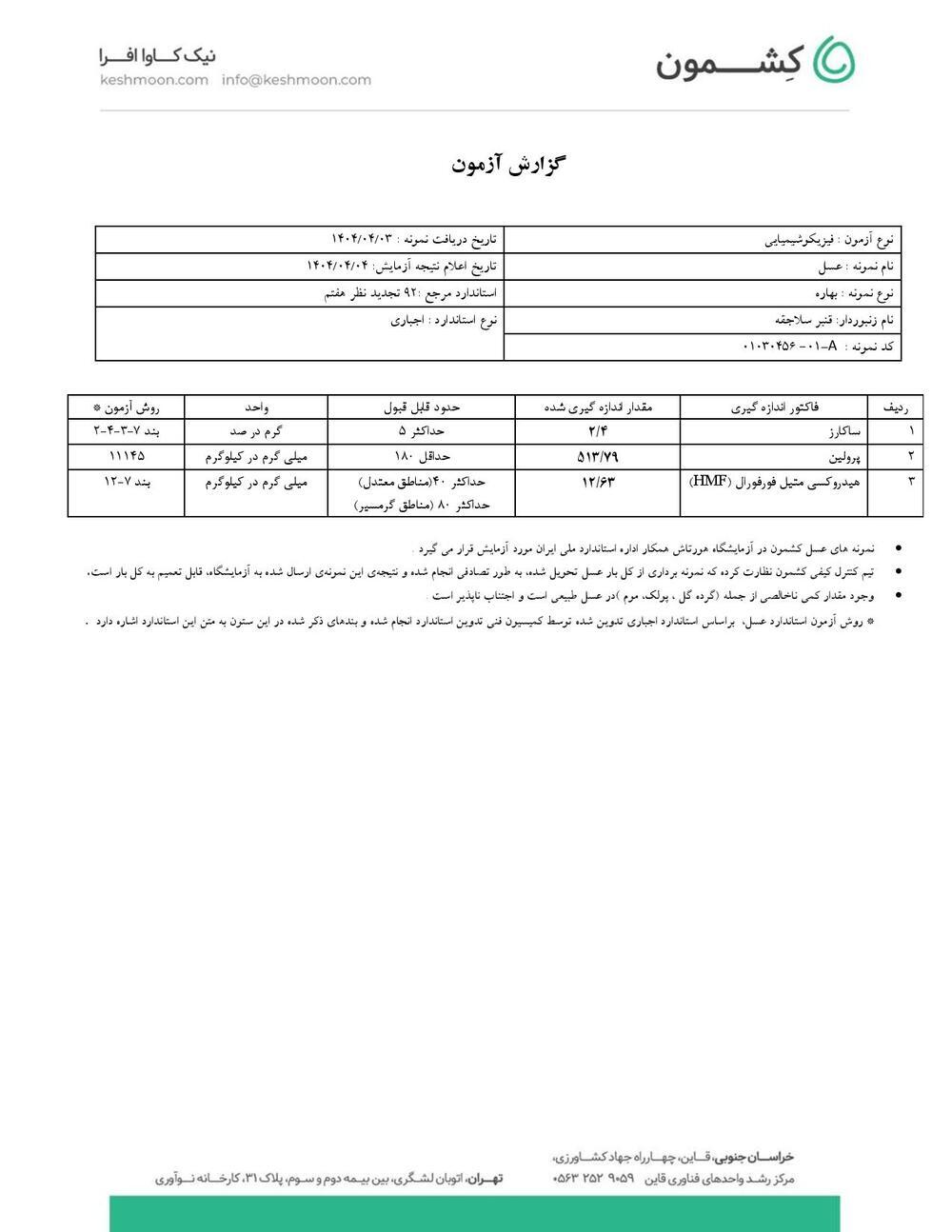 نتیجه آزمایش عسل چند گیاه