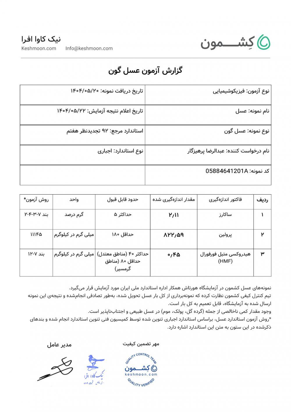 نتیجه آزمایش عسل  گون 