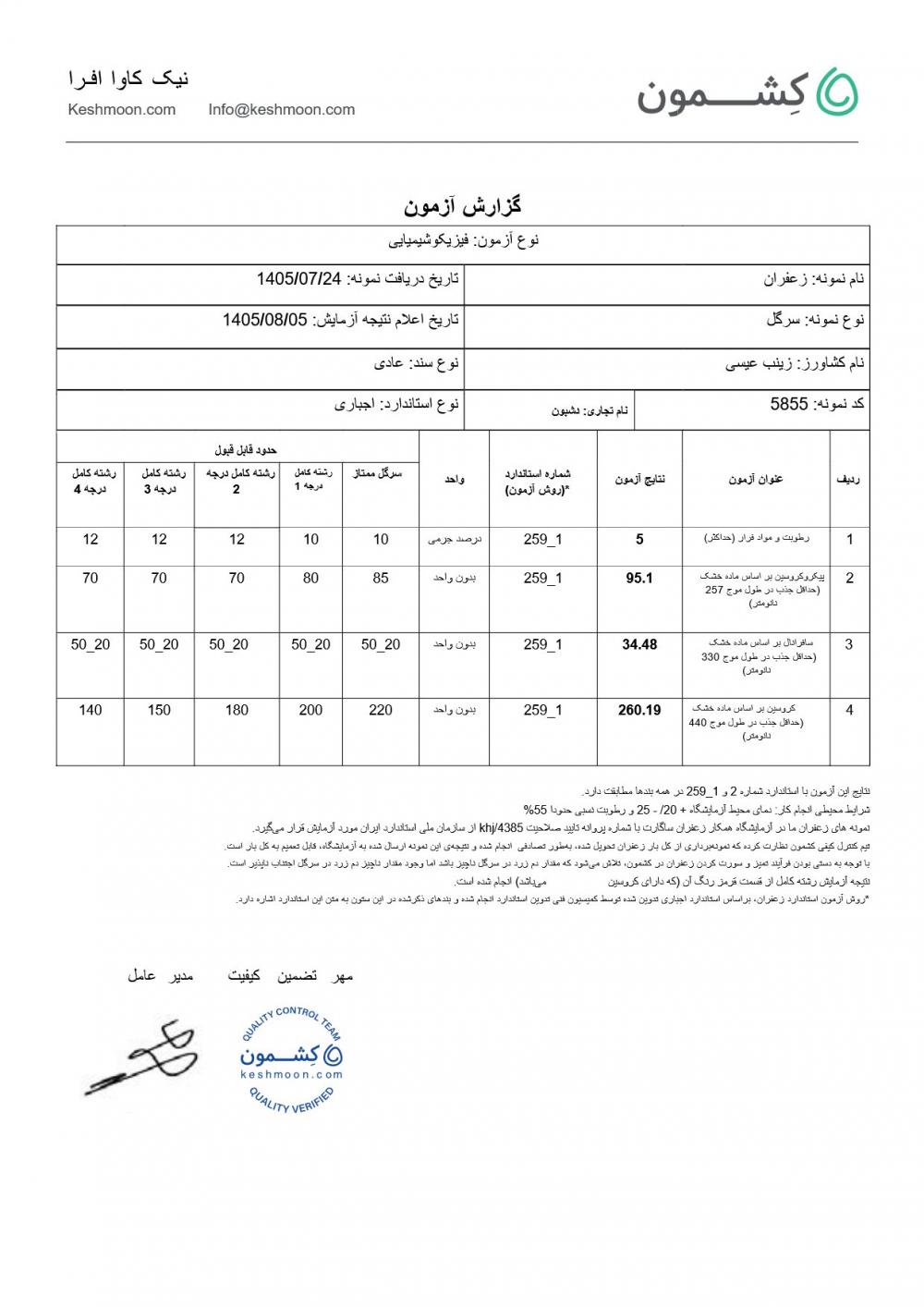 نتیجه آزمایش زعفران سرگل ممتاز